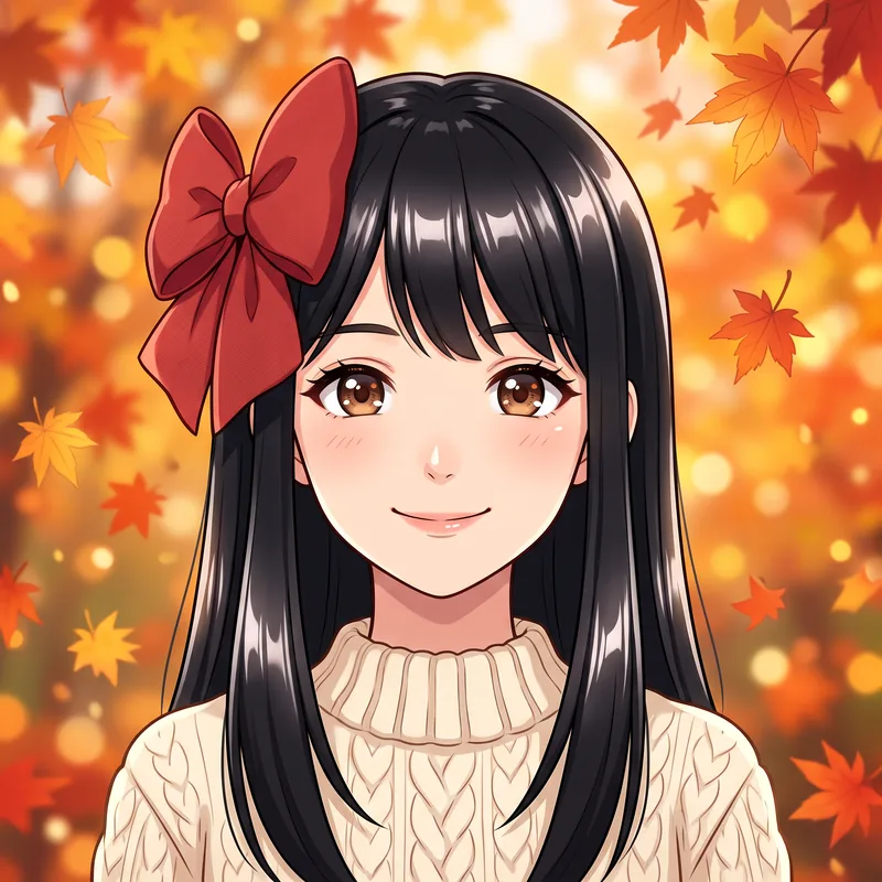 Аниме-аватарка: девушка с длинными чёрными волосами и красным бантом, падают осенние листья
