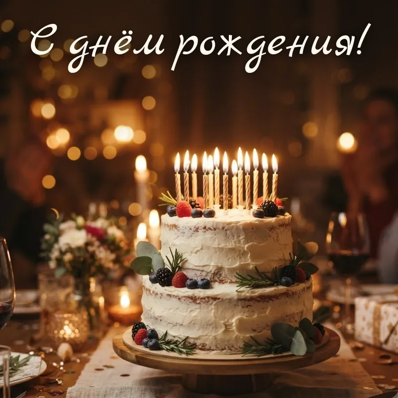 Открытка с надписью «С днём рождения!»: торт со свечами на праздничном столе, тёплый свет