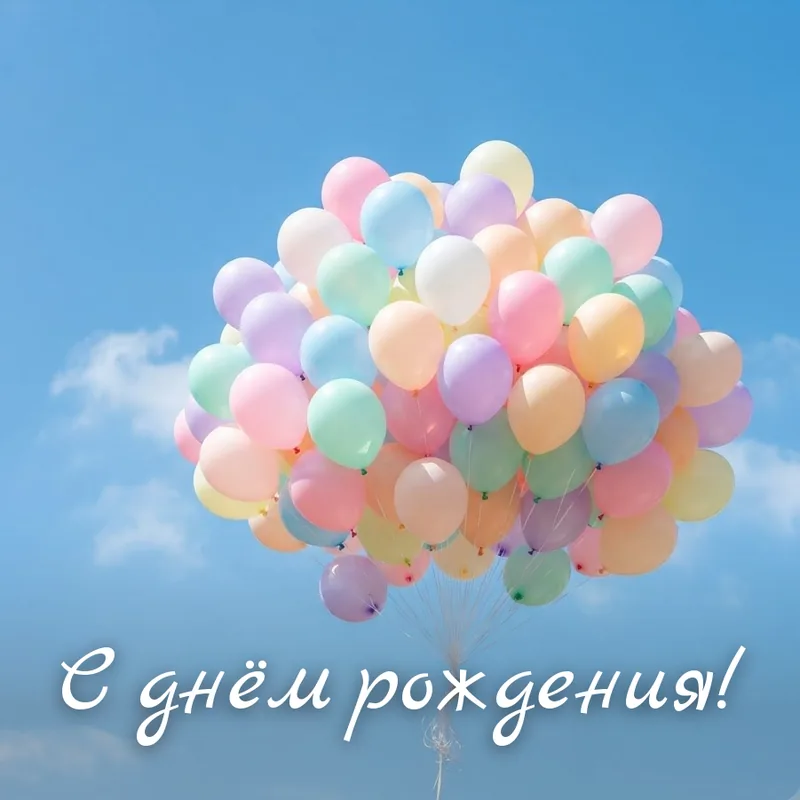 Открытка с надписью «С днём рождения!»: связка пастельных воздушных шаров на голубом небе