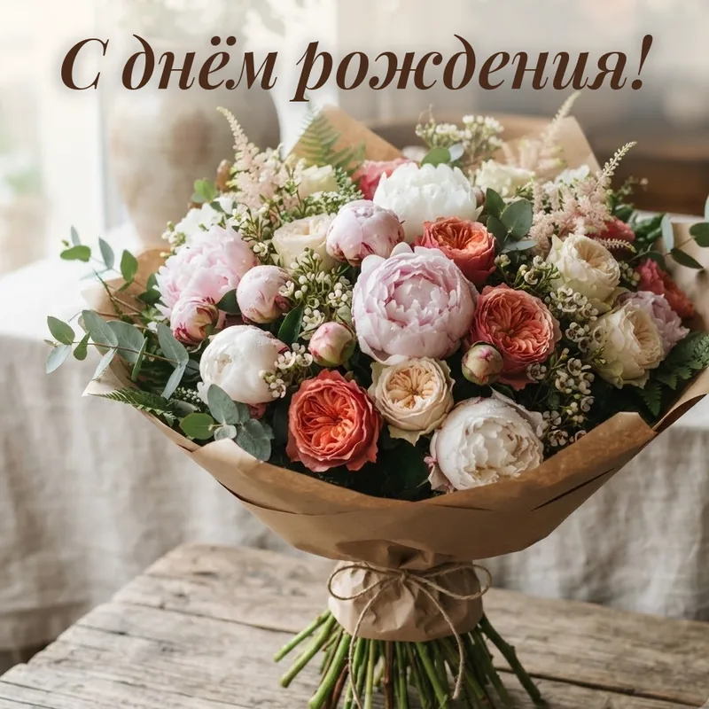 Открытка с надписью «С днём рождения!»: букет пионов и роз в крафтовой бумаге