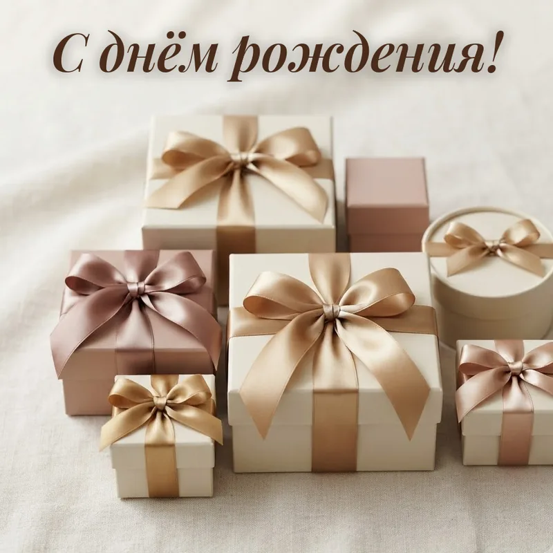 Открытка с надписью «С днём рождения!»: подарочные коробки с лентами на светлом фоне