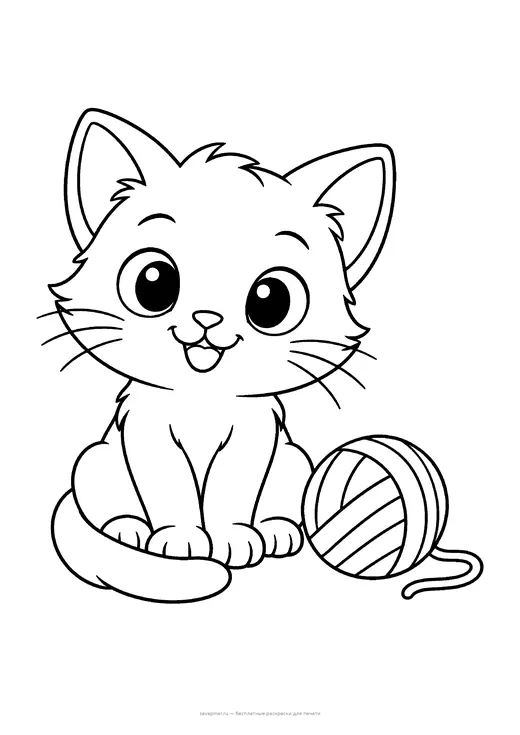 Раскраска: Котёнок с клубком, А4 для печати