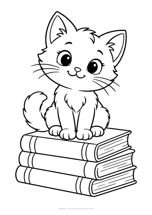 Раскраска: Кот на стопке книг, А4 для печати