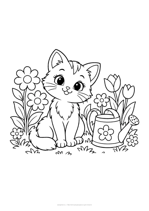 Раскраска: Котёнок с лейкой в саду, А4 для печати