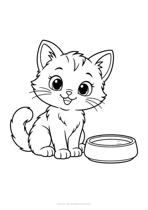 Раскраска: Котёнок и миска молока, А4 для печати