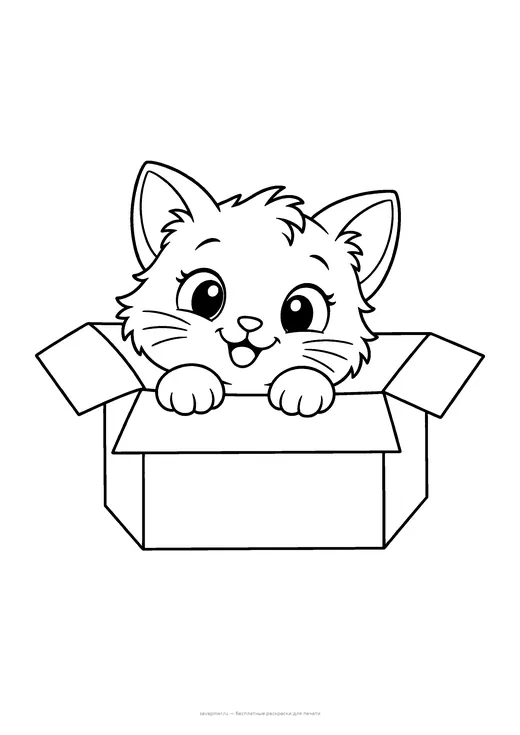 Раскраска: Котёнок выглядывает из коробки, А4 для печати